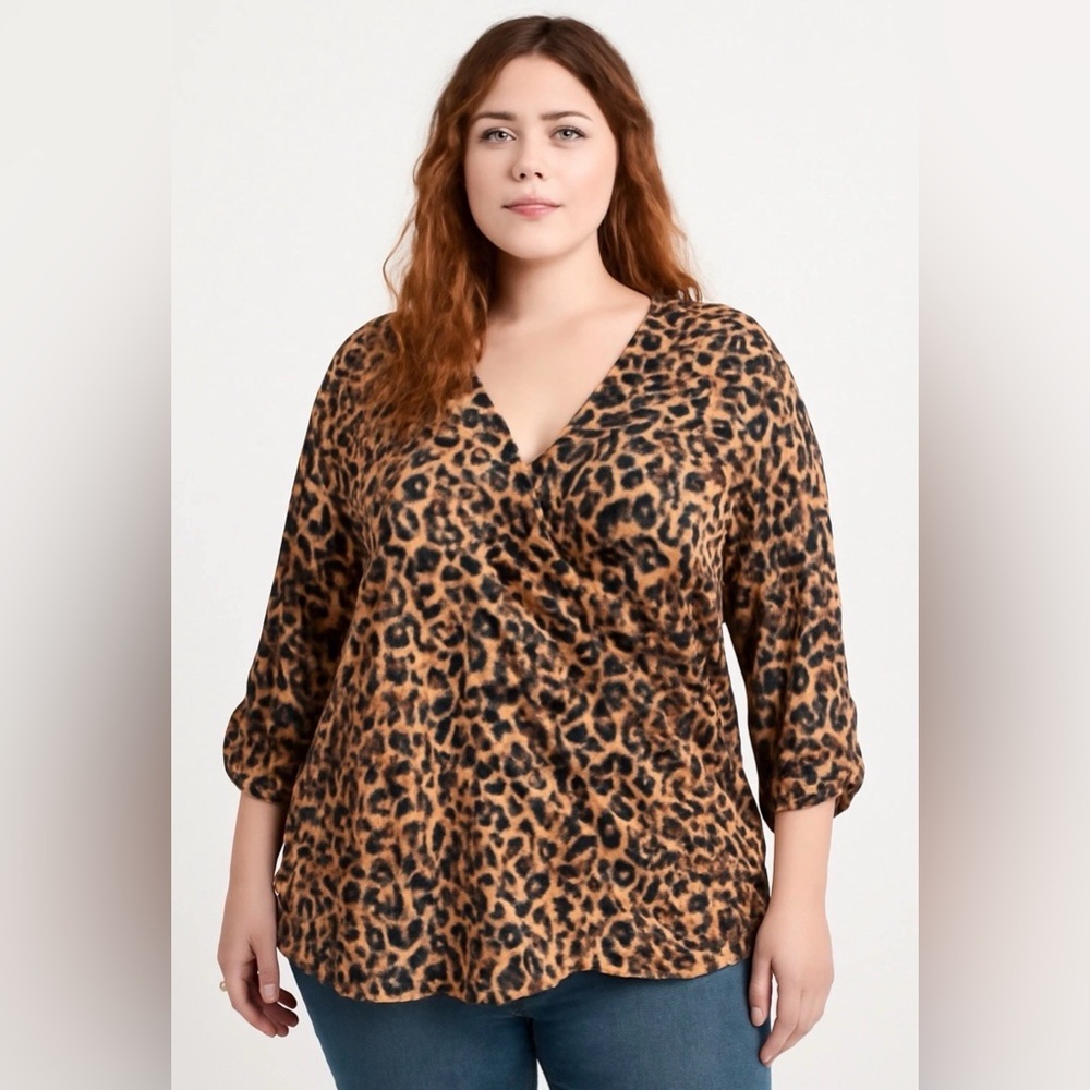 Pleione Blouse Womens XL Brown Animal Print Roll Tab Sleeve Wrap Top Career‎